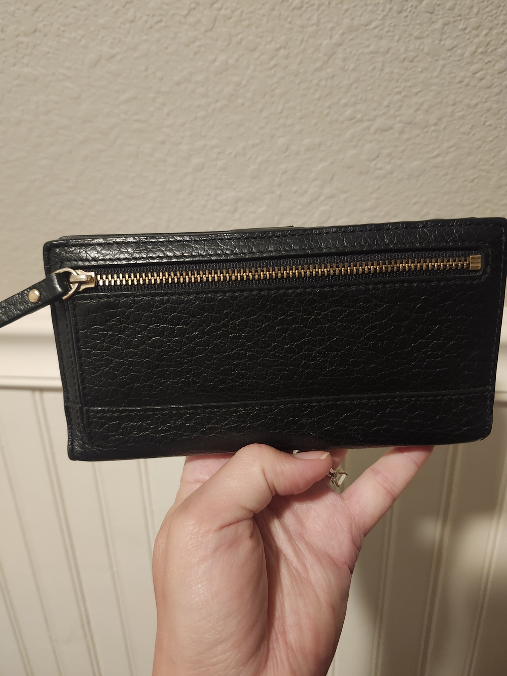 Black Leather Wristlet Card Holder with Gold Zip